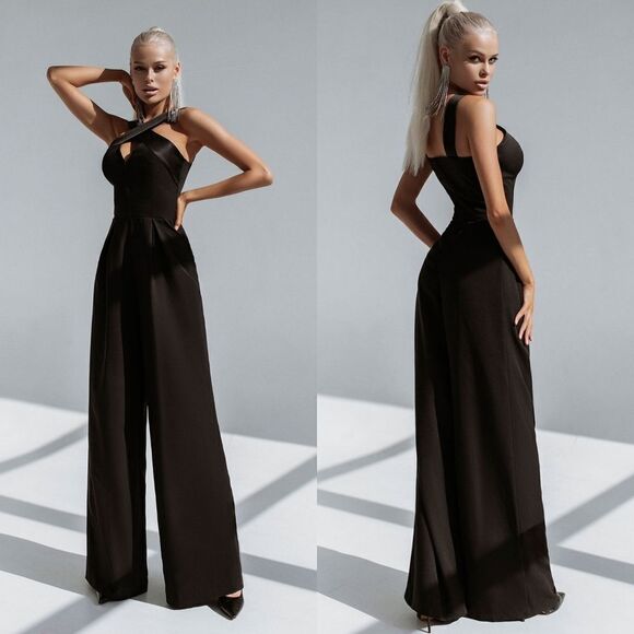 NWT Elagia Formal Black Cross Neck Satin Sleeveless Wide Leg Jumpsuit Romper L - Picture 1 of 16